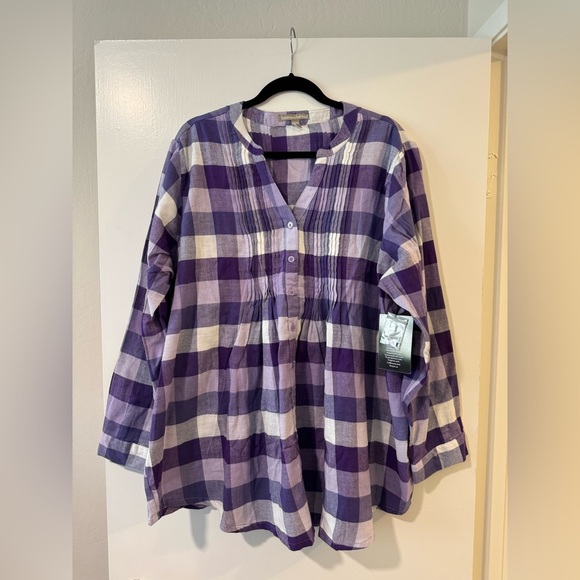 NWT Catherine’s Plaid Button-Up long sleeve Shirt in purple and white - Picture 1 of 6